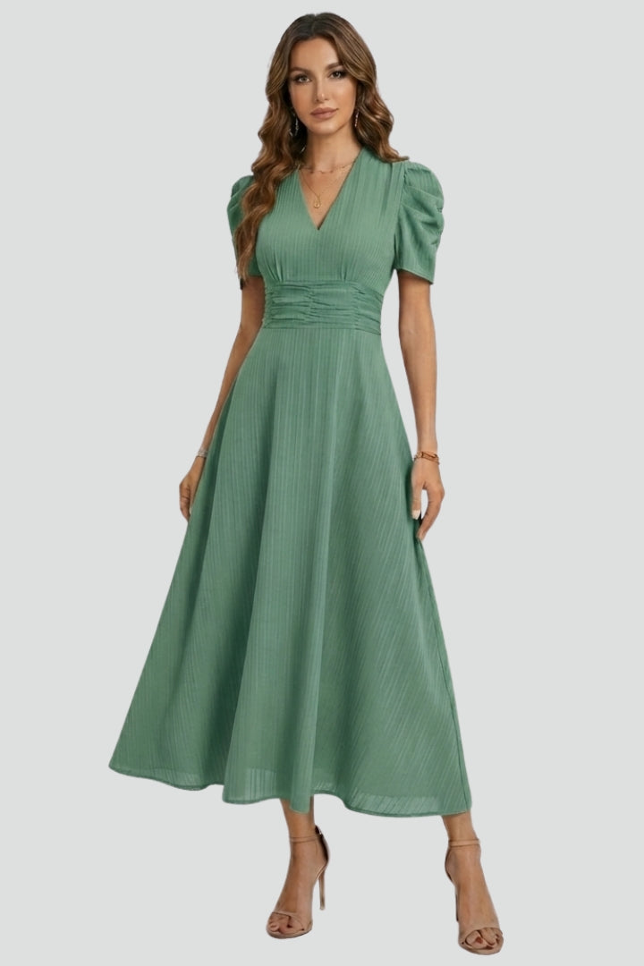 V-Neck Midi Dress With Short Sleeves