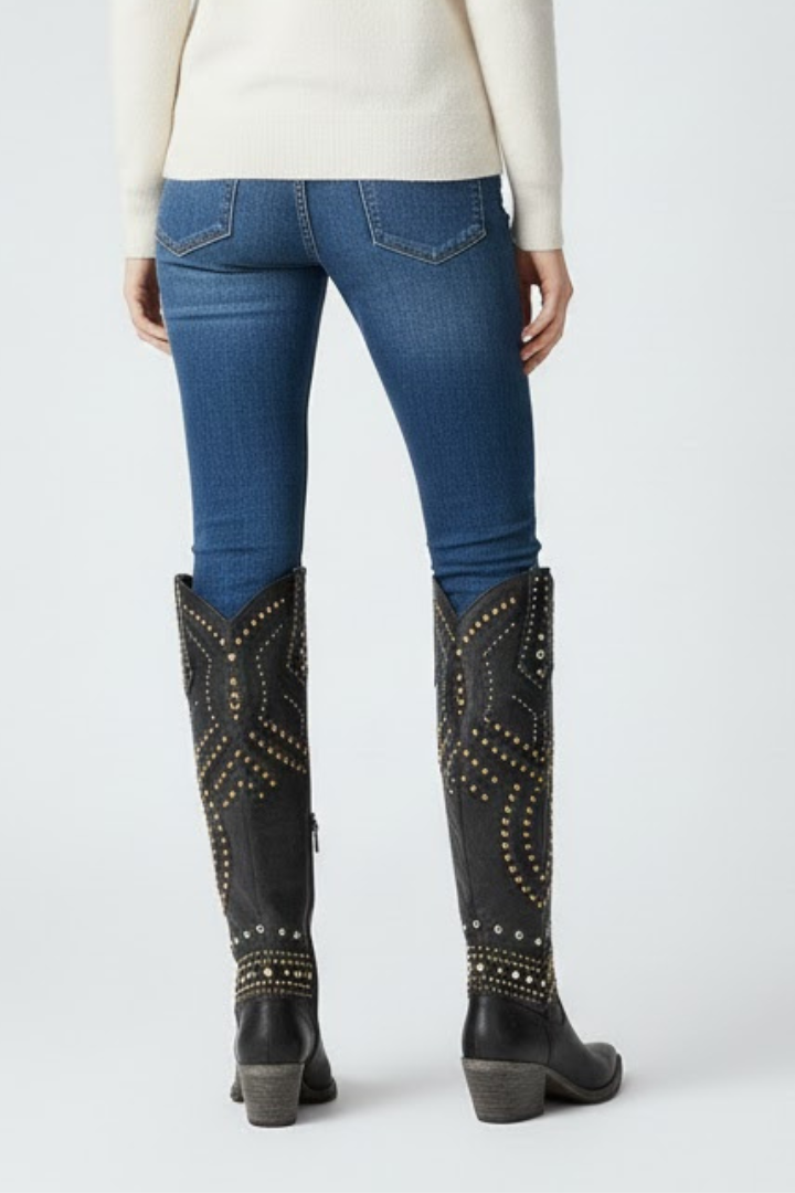 Women’s High-Cut Boots with Chunky Heel and Rivet Detail