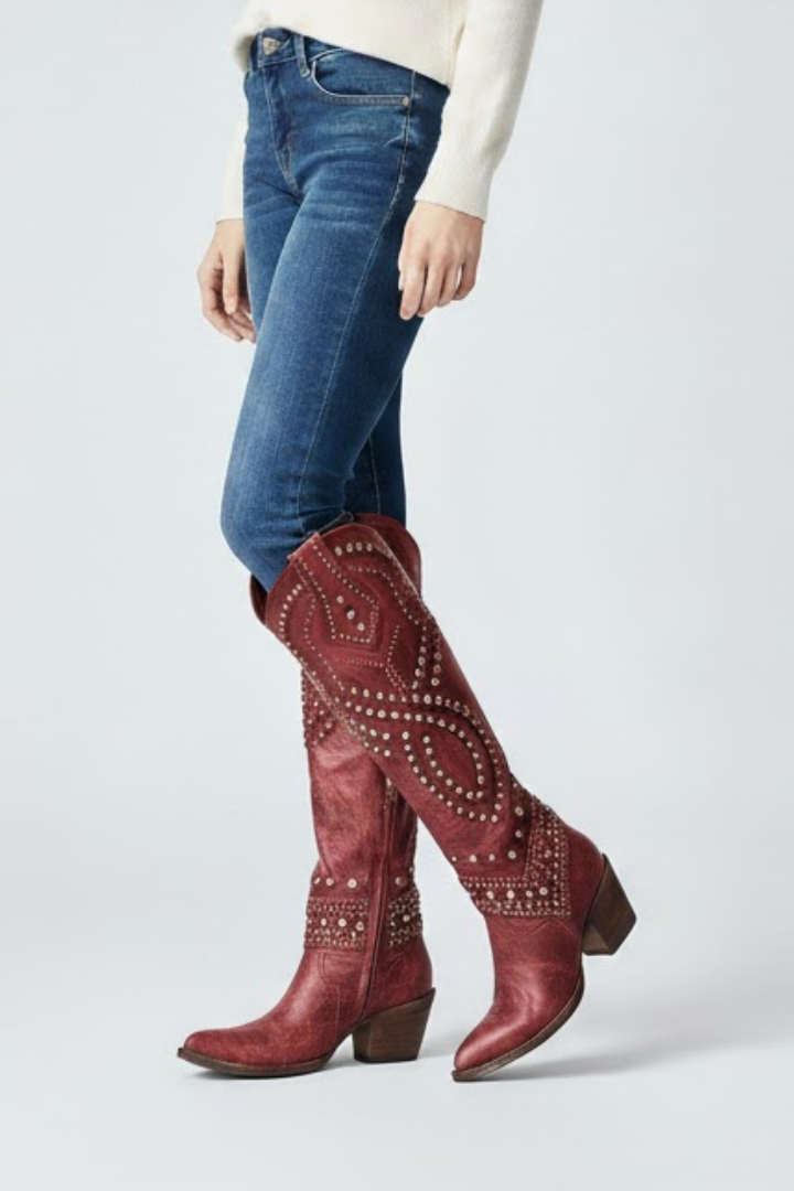 Women’s High-Cut Boots with Chunky Heel and Rivet Detail