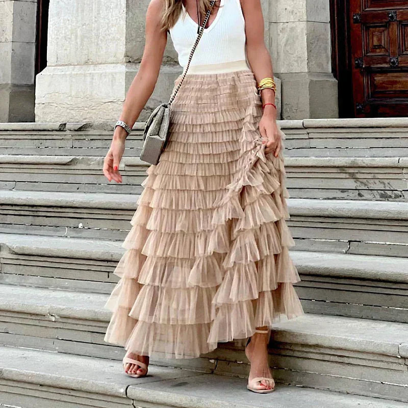 Midi Tulle Skirt with Layered Design and Elastic Waistband For Women