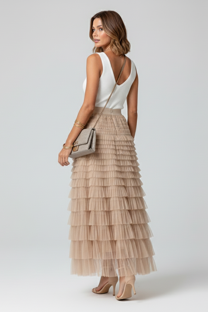 Women’s Midi Tulle Skirt with Layered Design and Elastic Waist