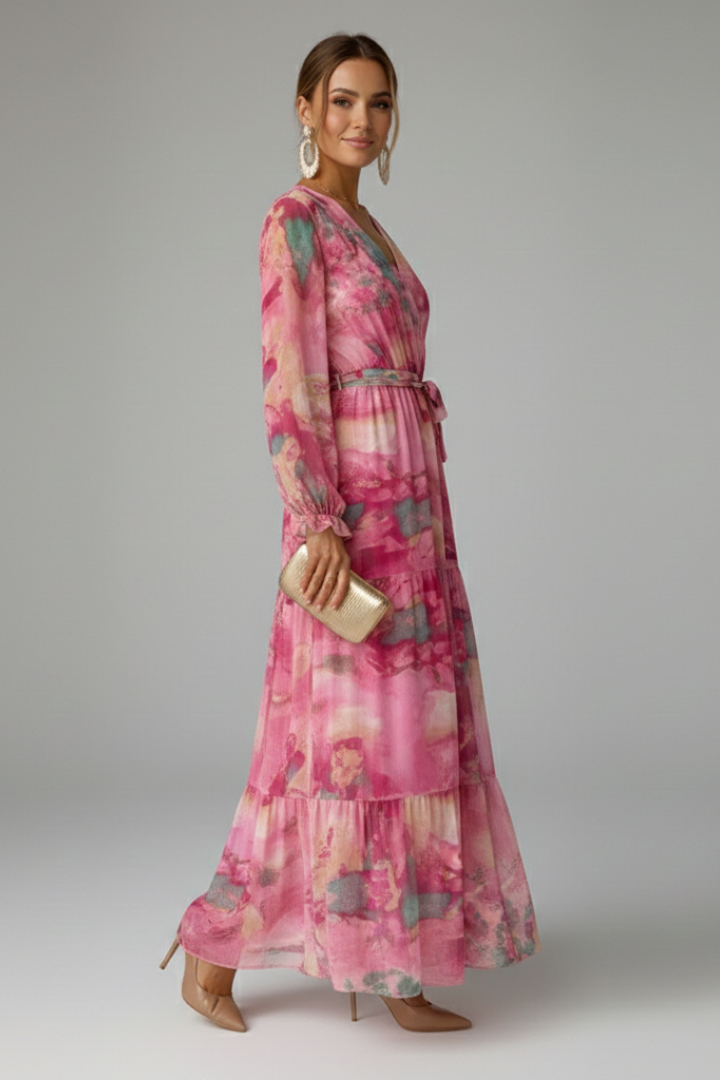 Women Dress with V Neck and Long Sleeves