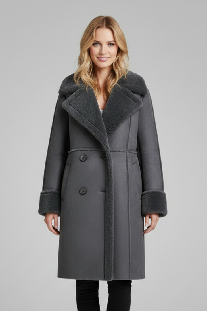 Women Long Coat with Lapel Collar and Buttons