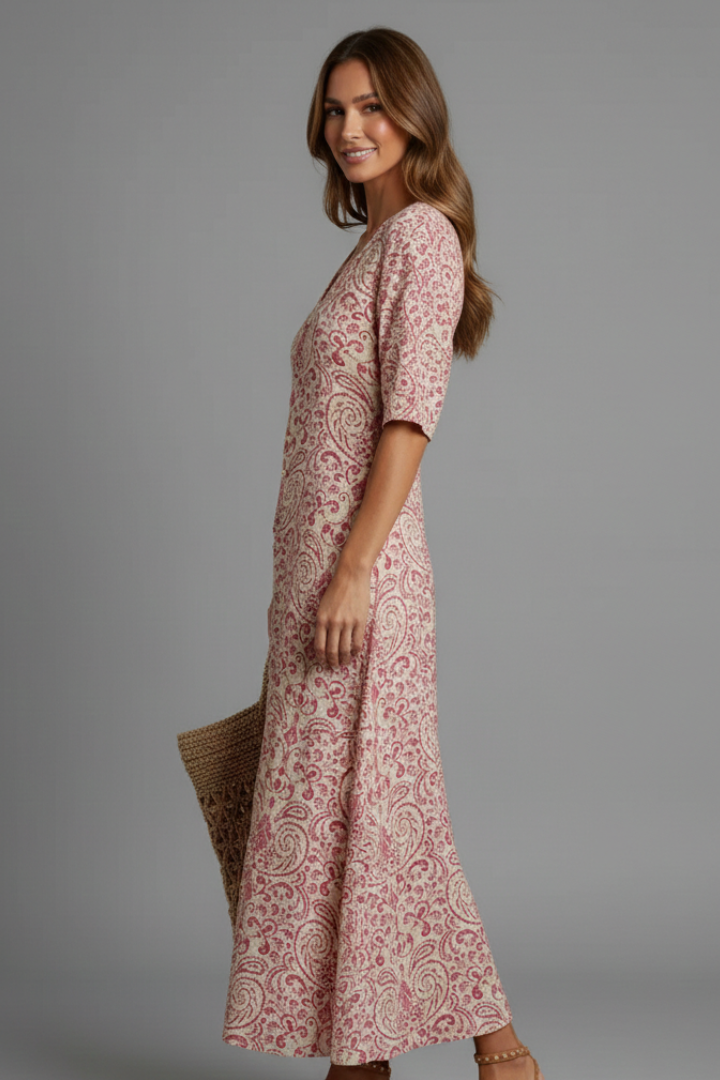 Women Long Dress with V-Neck and Short Sleeves