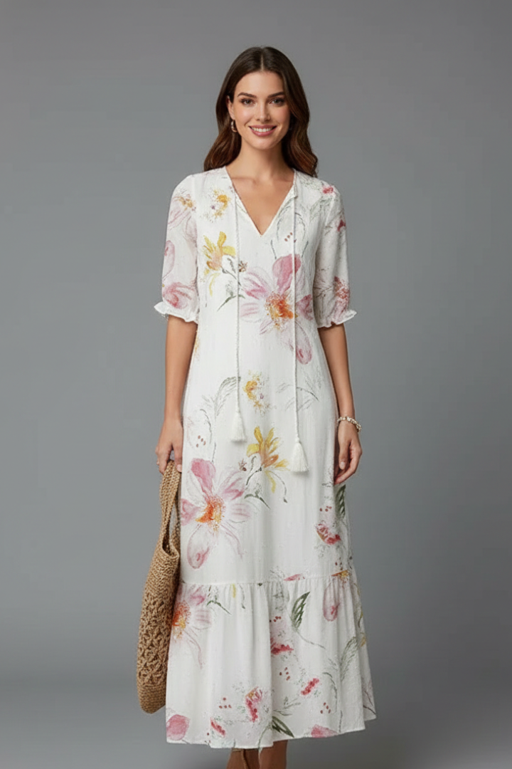 Women Long Dress with V-Neck and Short Sleeves