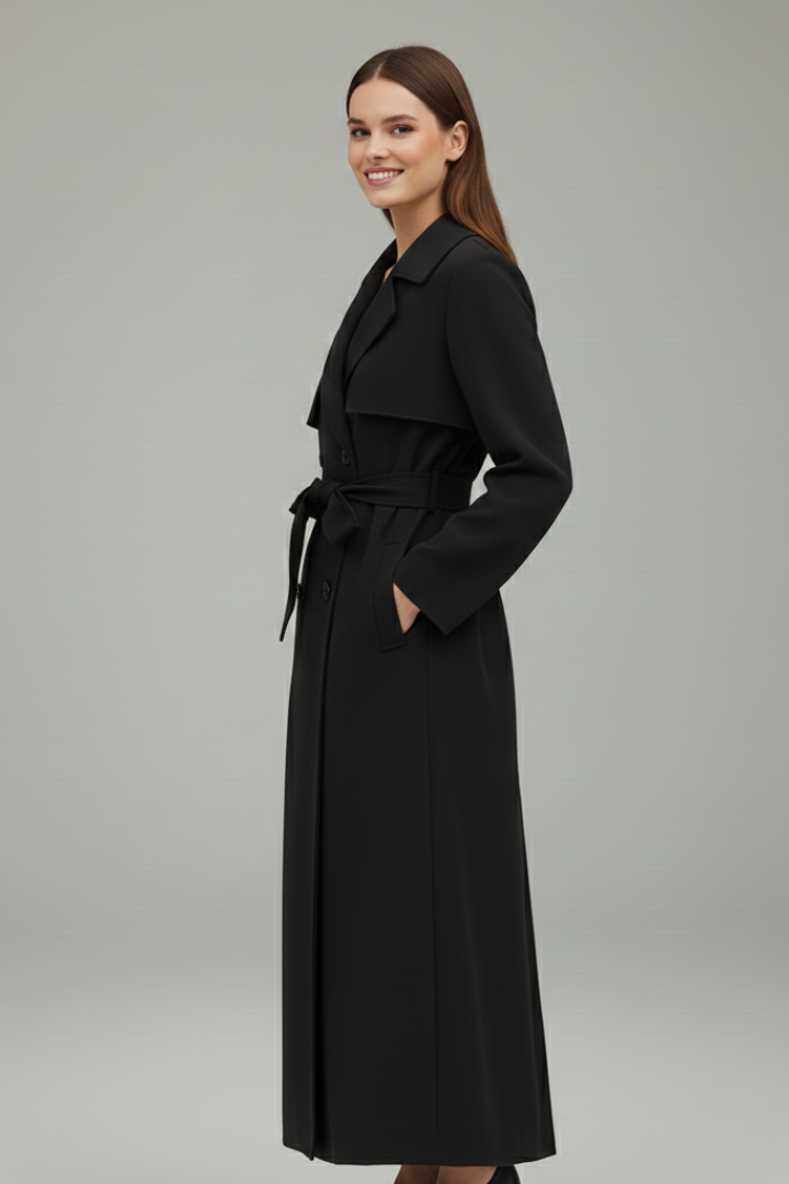 Women Long Trench Coat with Belt and Buttons