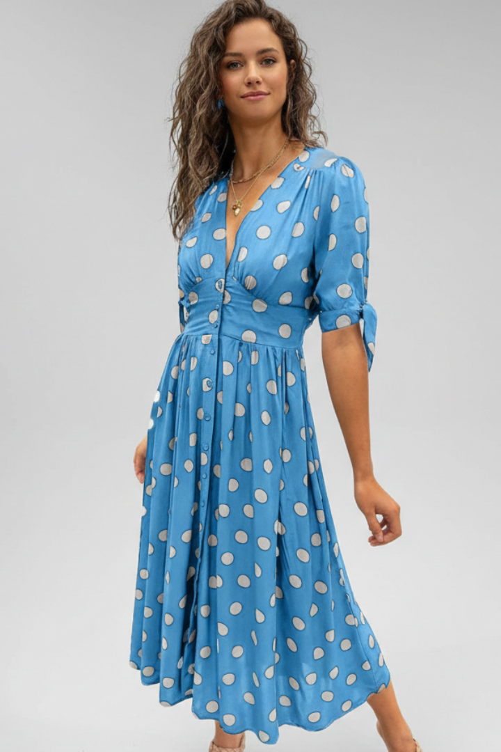 Women Midi Dress with V Neck and Button Front
