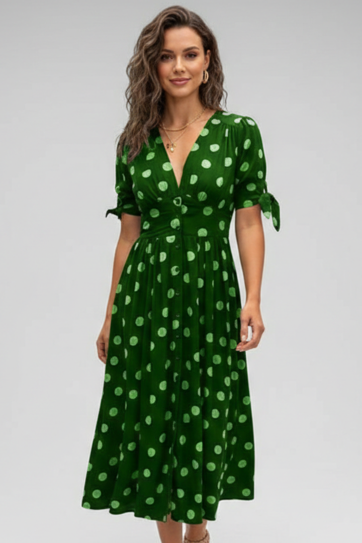 Women Midi Dress with V Neck and Button Front