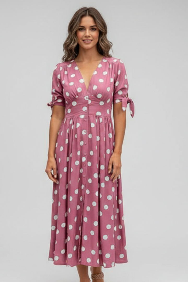 Women Midi Dress with V Neck and Button Front