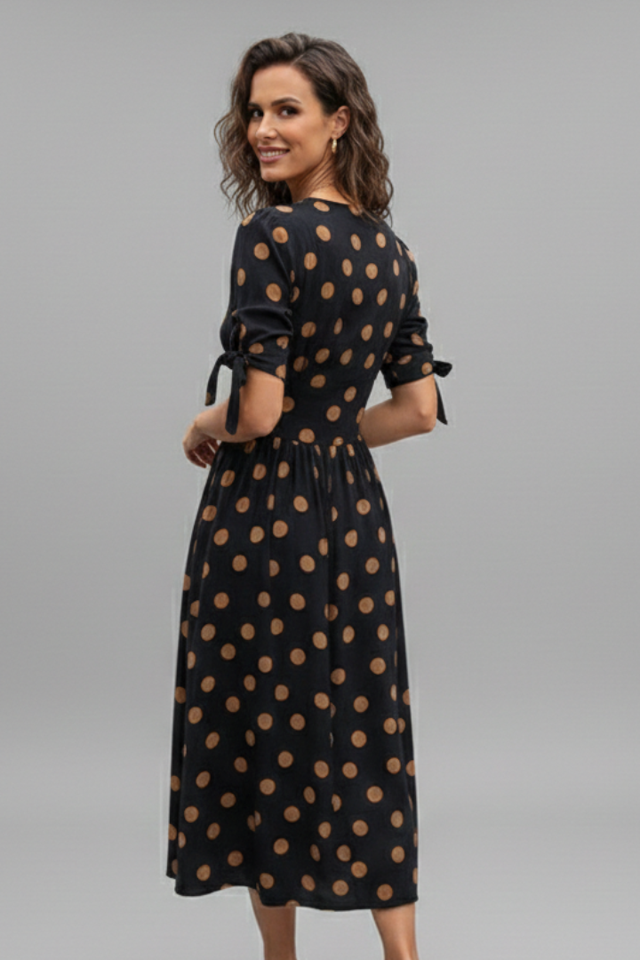 Women Midi Dress with V Neck and Button Front