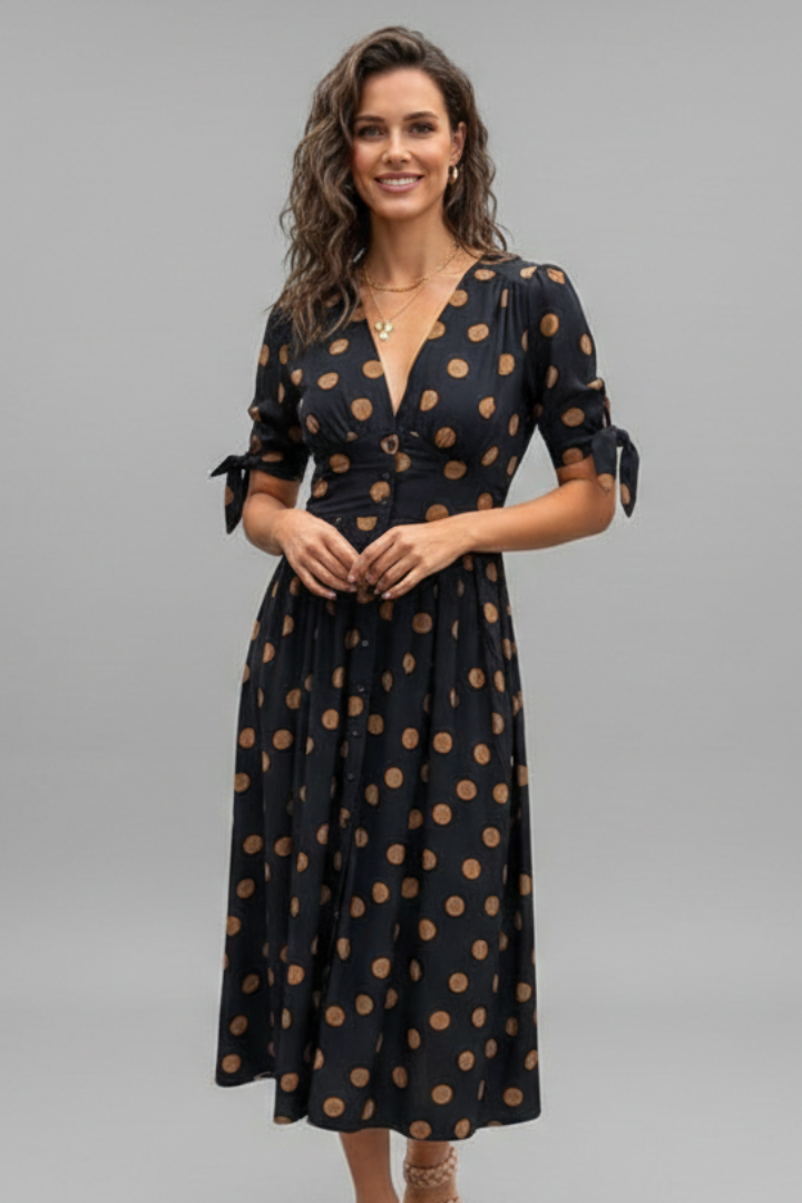 Women Midi Dress with V Neck and Button Front