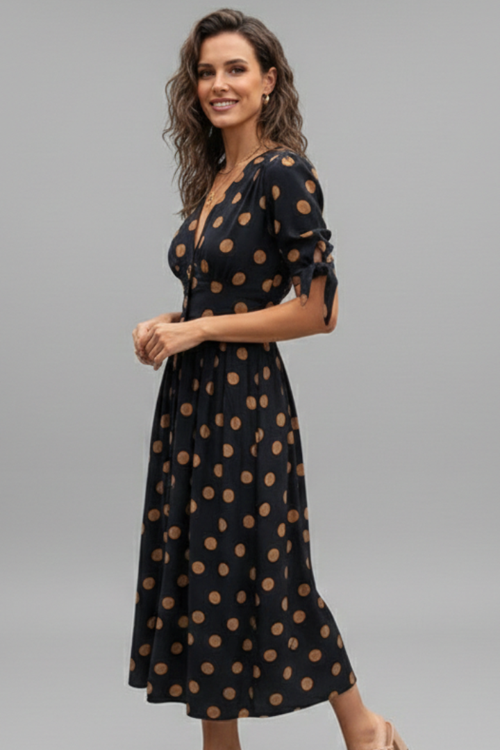 Women Midi Dress with V Neck and Button Front