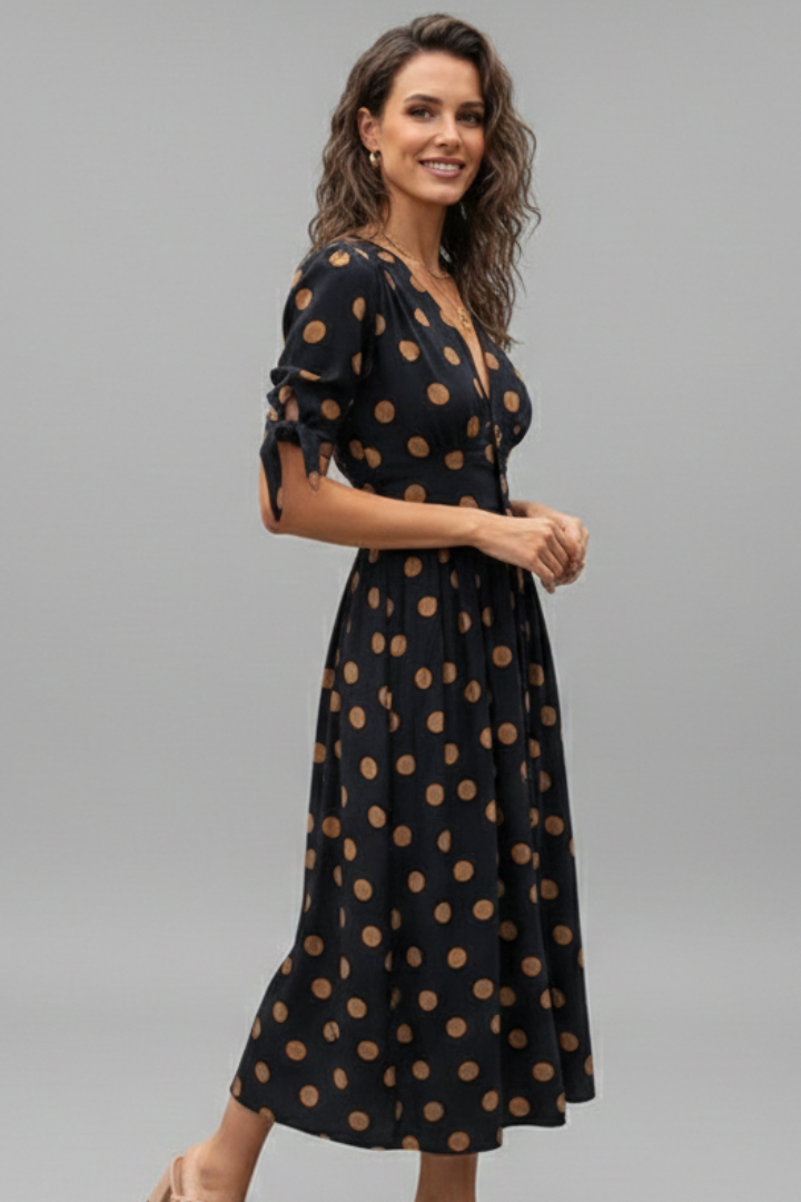 Women Midi Dress with V Neck and Button Front
