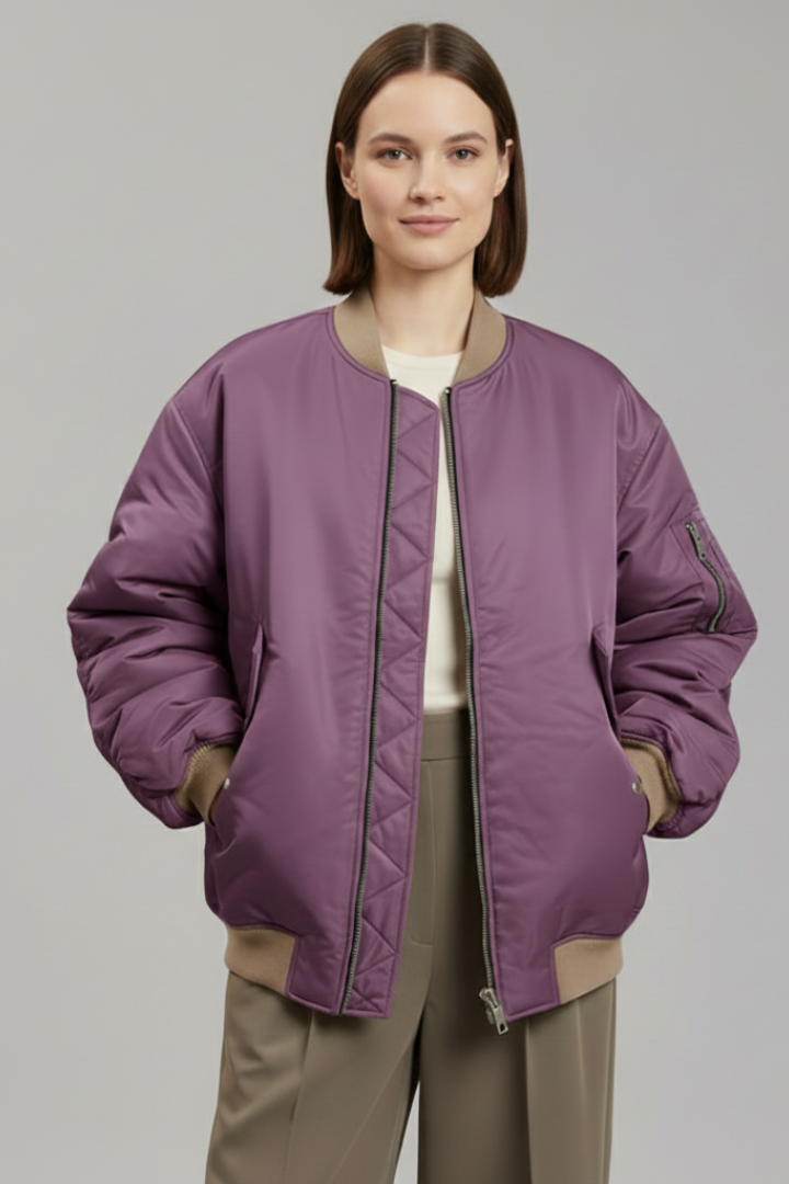 Women Oversized Jacket with Zipper and Long Sleeves