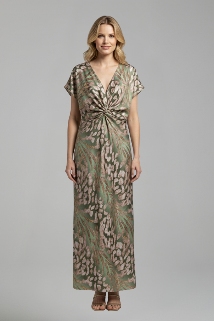 Women’s Ankle-Length Dress with V Neckline and Knotted Detail