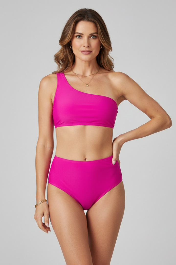 Women’s Bikini Set with One Shoulder Top and High Waist Bottom