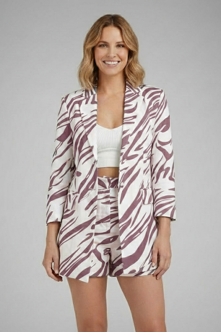 Women’s Blazer Set with Open Front and Printed Shorts