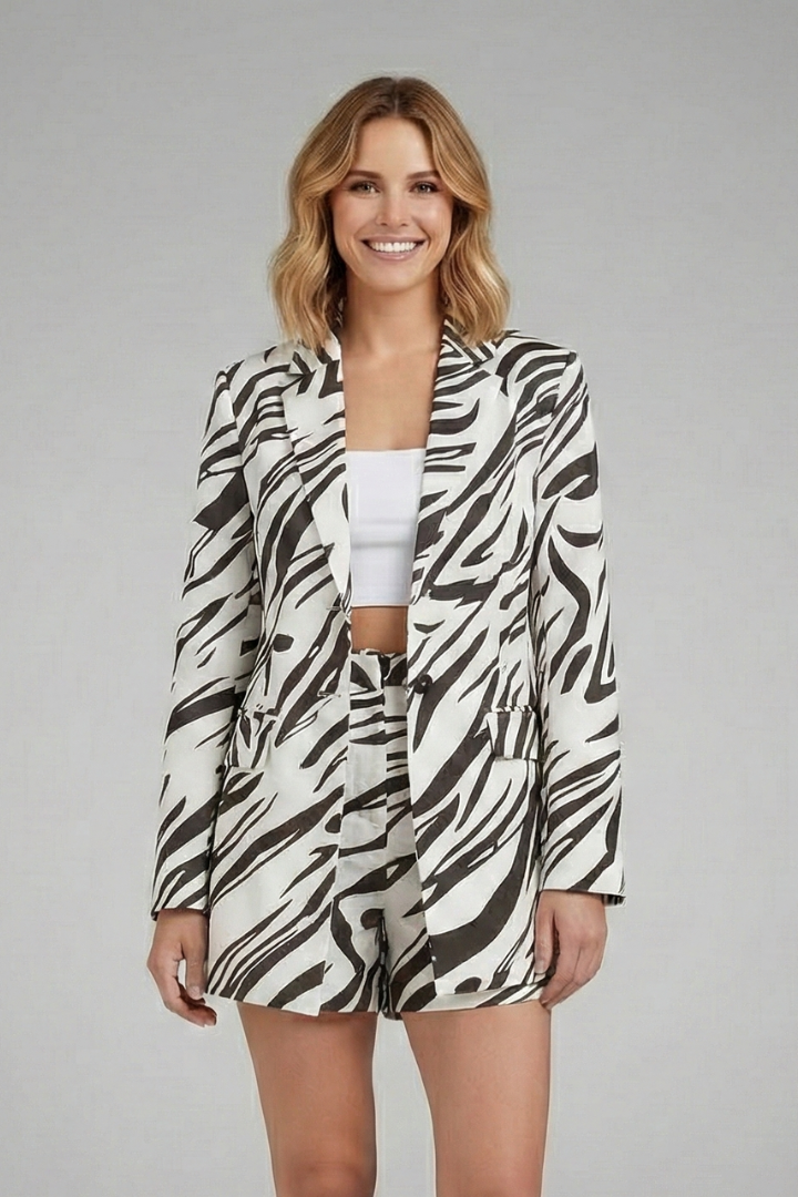 Women’s Blazer Set with Open Front and Printed Shorts