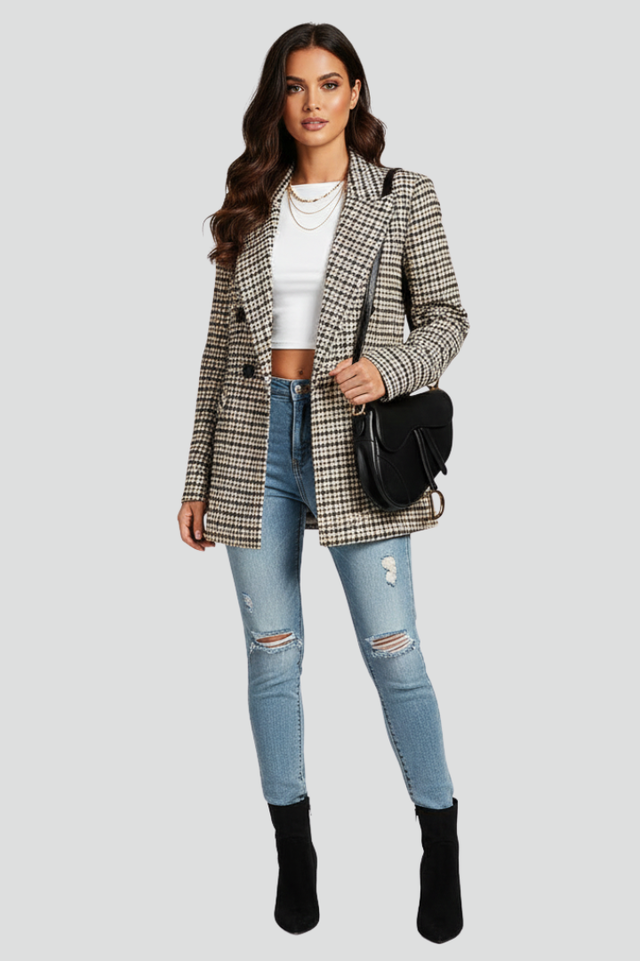 Women’s Blazer with Notched Lapel and Checked Pattern
