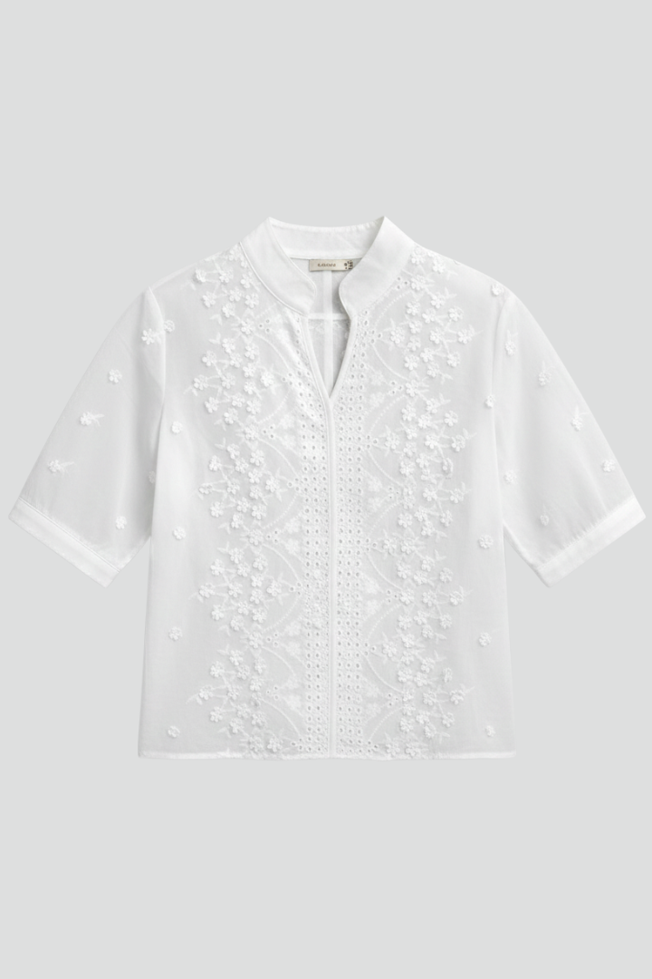 Women’s Blouse with Stand-Up Collar and Embroidered Front