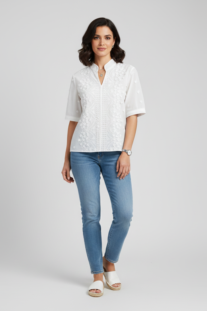 Women’s Blouse with Stand-Up Collar and Embroidered Front
