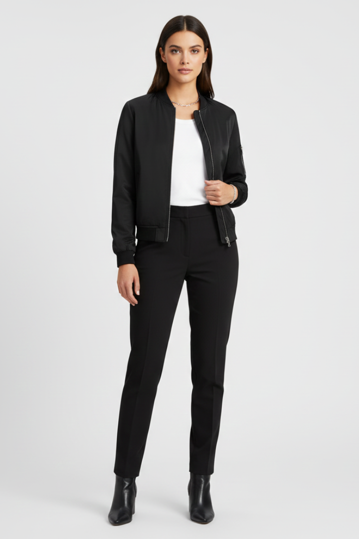 Women’s Bomber Jacket with Front Zip and Ribbed Hem