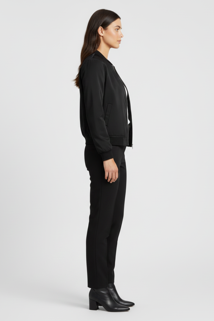 Women’s Bomber Jacket with Front Zip and Ribbed Hem