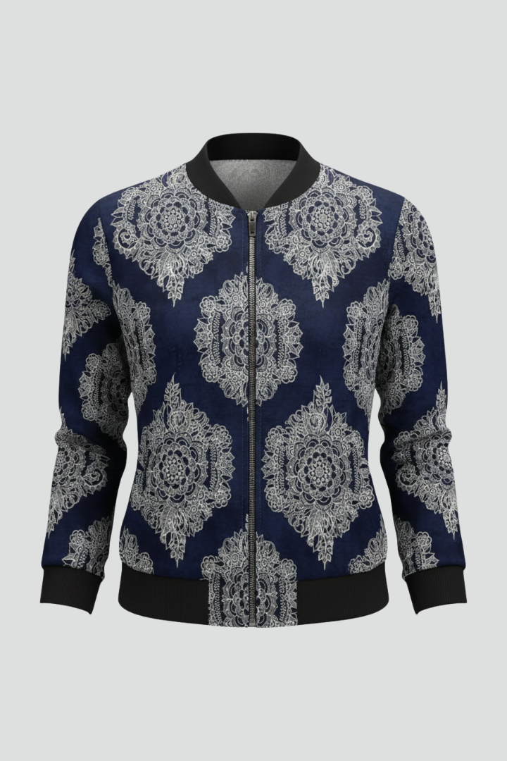 Women’s Bomber Jacket with Zip Closure and Floral Print