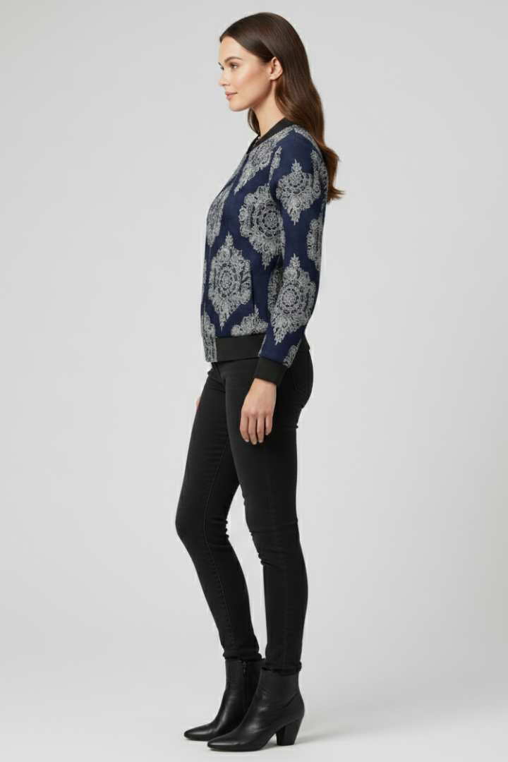 Women’s Bomber Jacket with Zip Closure and Floral Print