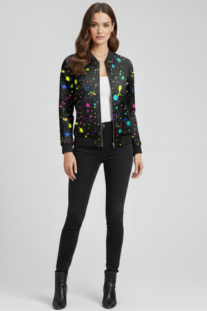 Women’s Bomber Jacket with Zip Closure and Floral Print