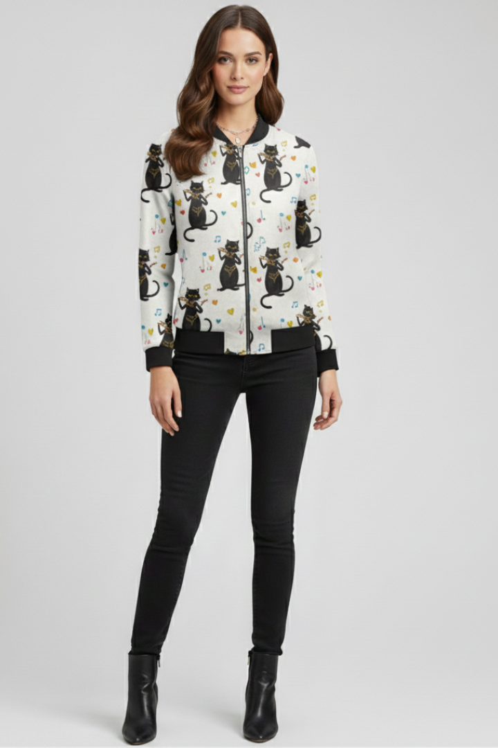 Women’s Bomber Jacket with Zip Closure and Floral Print