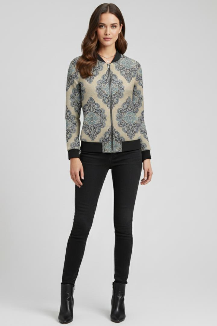 Women’s Bomber Jacket with Zip Closure and Floral Print