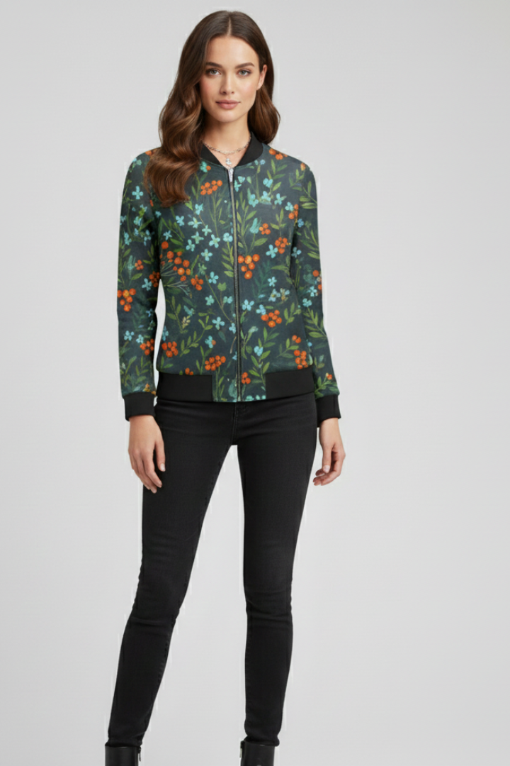 Women’s Bomber Jacket with Zip Closure and Floral Print