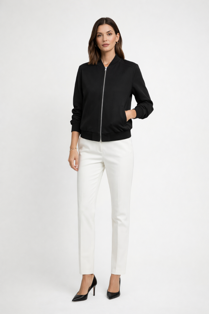 Women’s Bomber Jacket with Zip Closure and Ribbed Edges