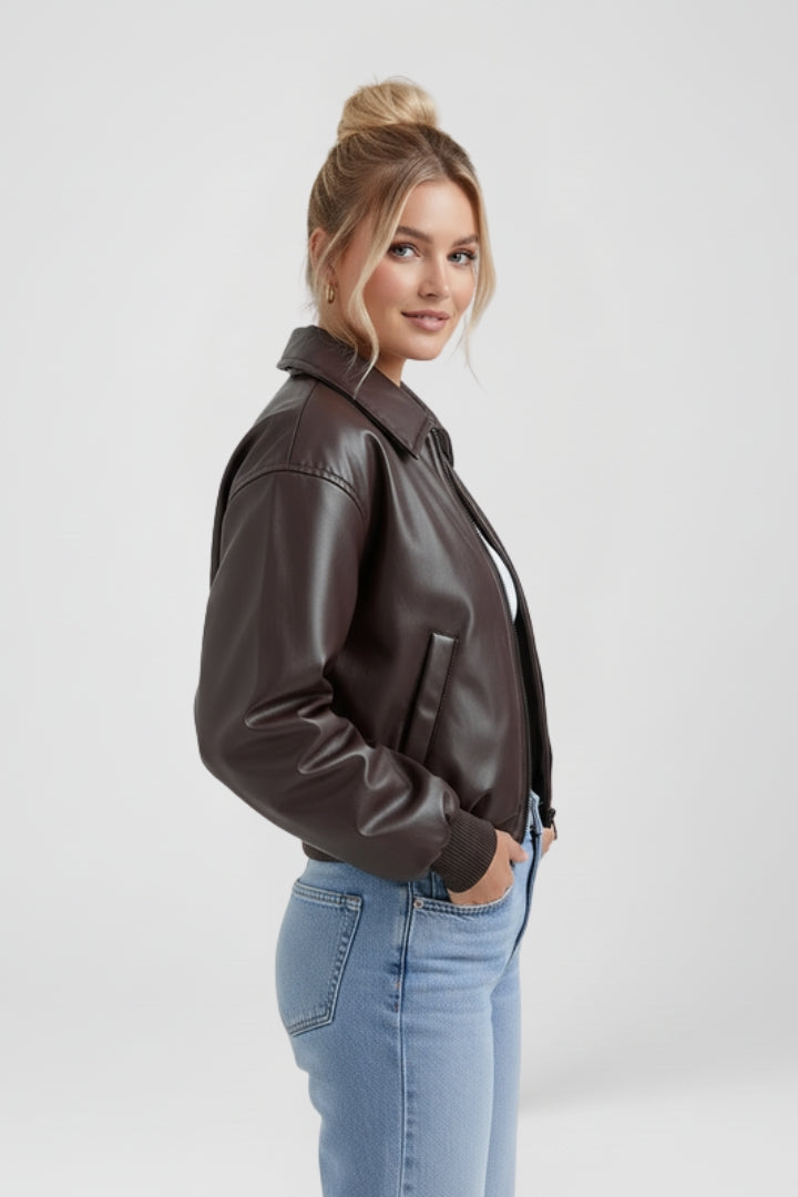 Women’s Bomber Jacket with Zip Front and Ribbed Edges