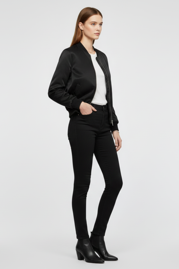 Women’s Bomber Jacket with Zipper Closure and Ribbed Details