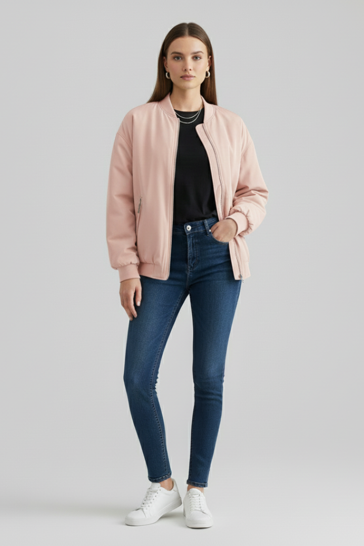 Women’s Bomber Jacket with Zipper and Flap Pockets