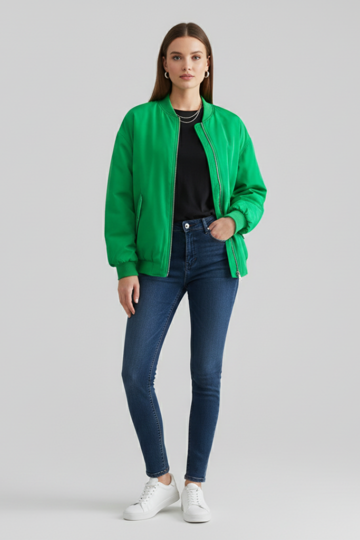 Women’s Bomber Jacket with Zipper and Flap Pockets