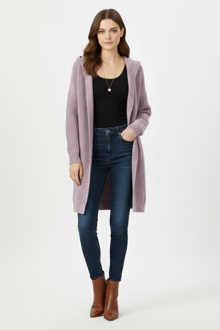 Women’s Cardigan with Hood and Textured Knit Surface