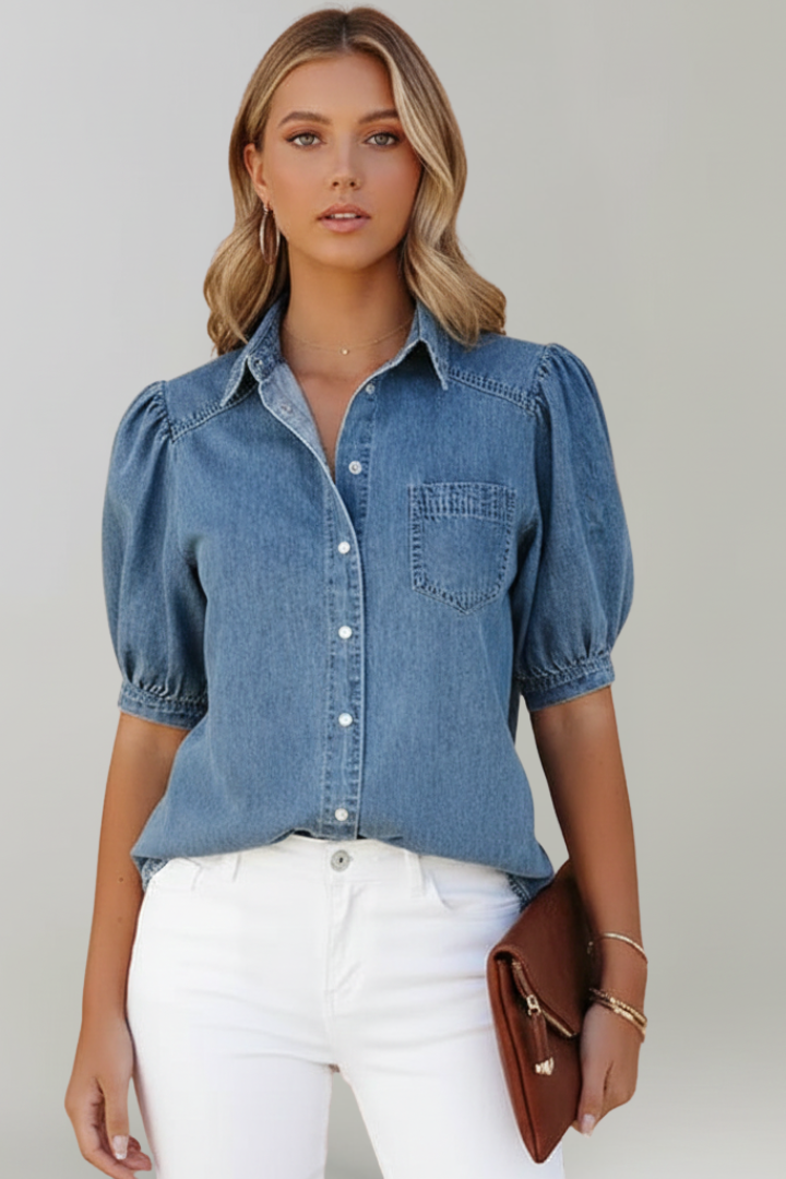 Women’s Casual Denim Shirt with Puff Sleeves and Button Front