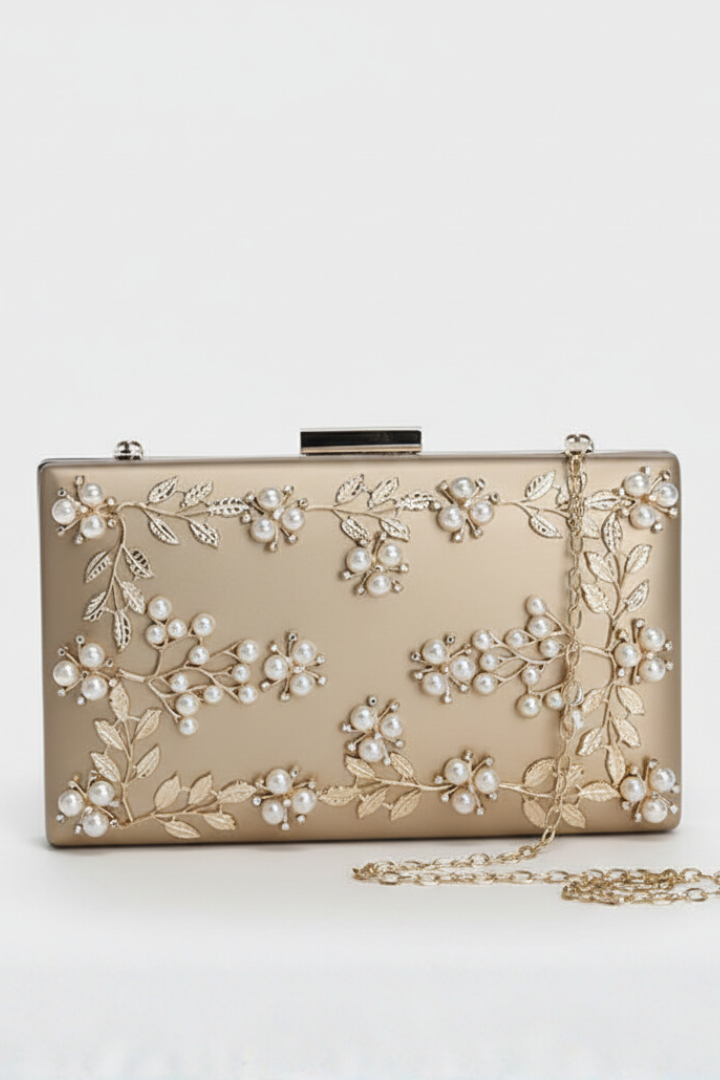 Women’s Clutch Bag with Floral Beadwork and Chain Strap