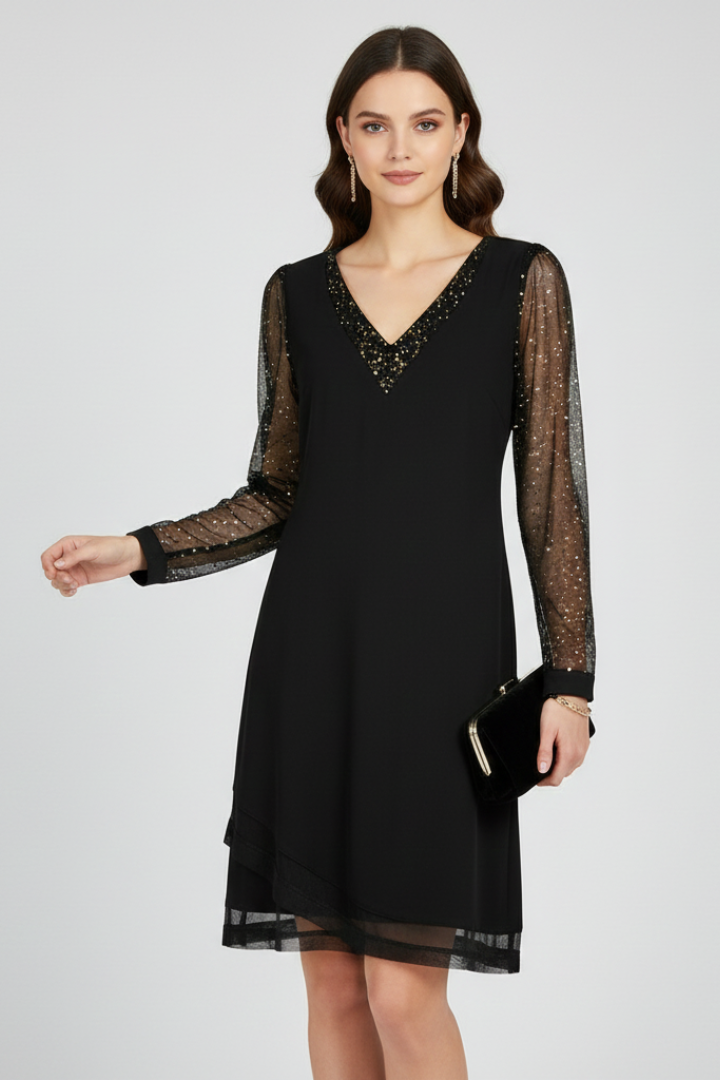 Women’s Cocktail Dress with Sequined Sleeves and Plunging Neckline