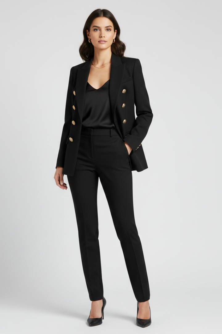Women’s Double-Breasted Blazer with Gold Buttons and Notched Lapel