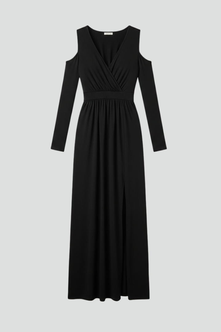 Women’s Dress with Lace Appliques and Tiered Skirt with V Neckline and Side Slit