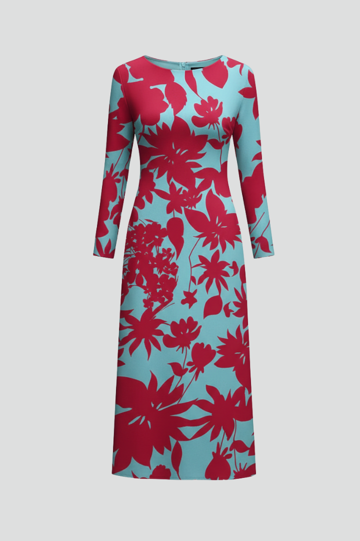 Women’s Dress with Long Sleeves and Irregular Printed Hem