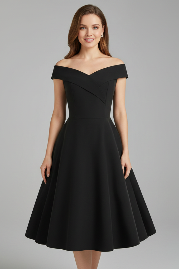 Women’s Dress with Off-Shoulder Neckline and Flared Skirt