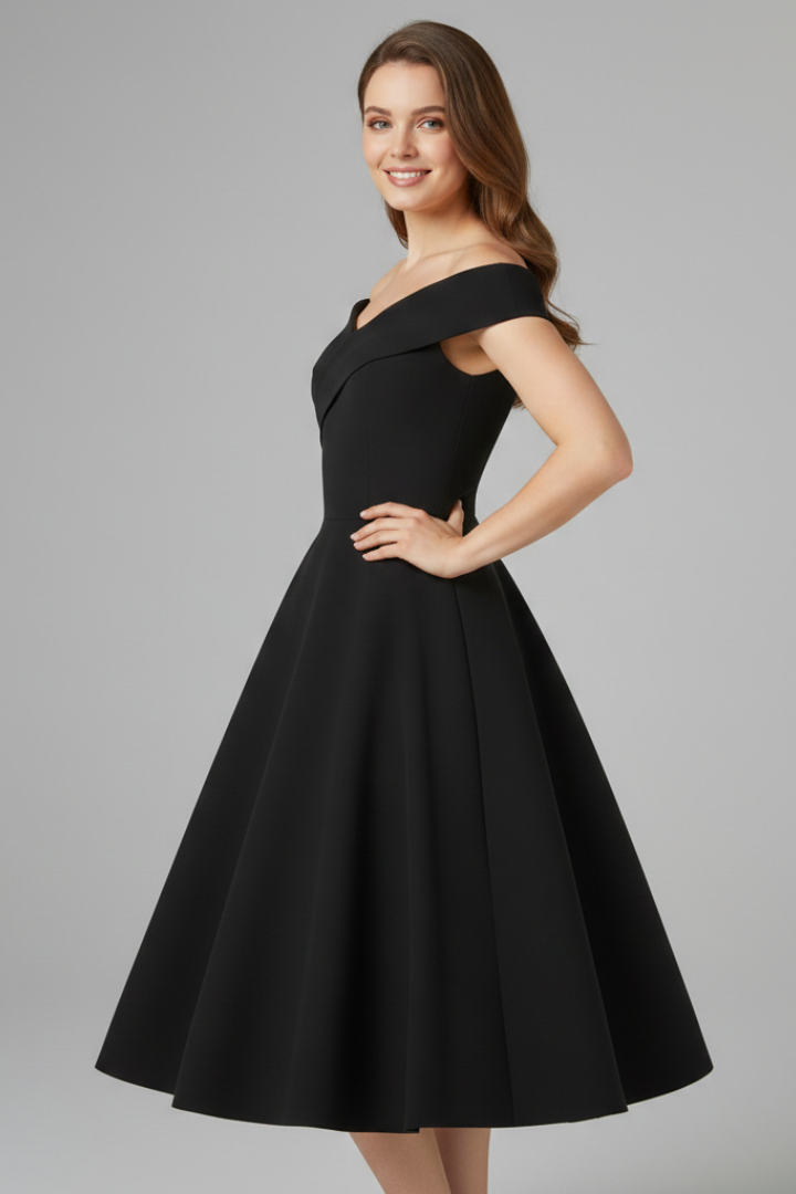 Women’s Dress with Off-Shoulder Neckline and Flared Skirt