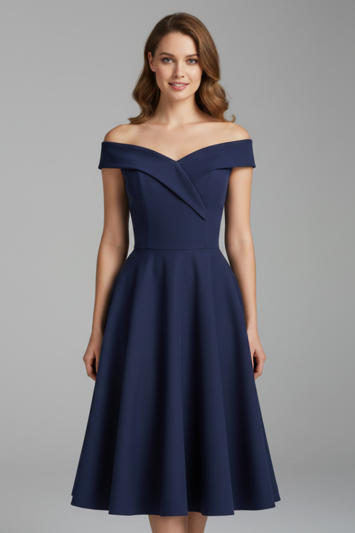 Women’s Dress with Off-Shoulder Neckline and Flared Skirt