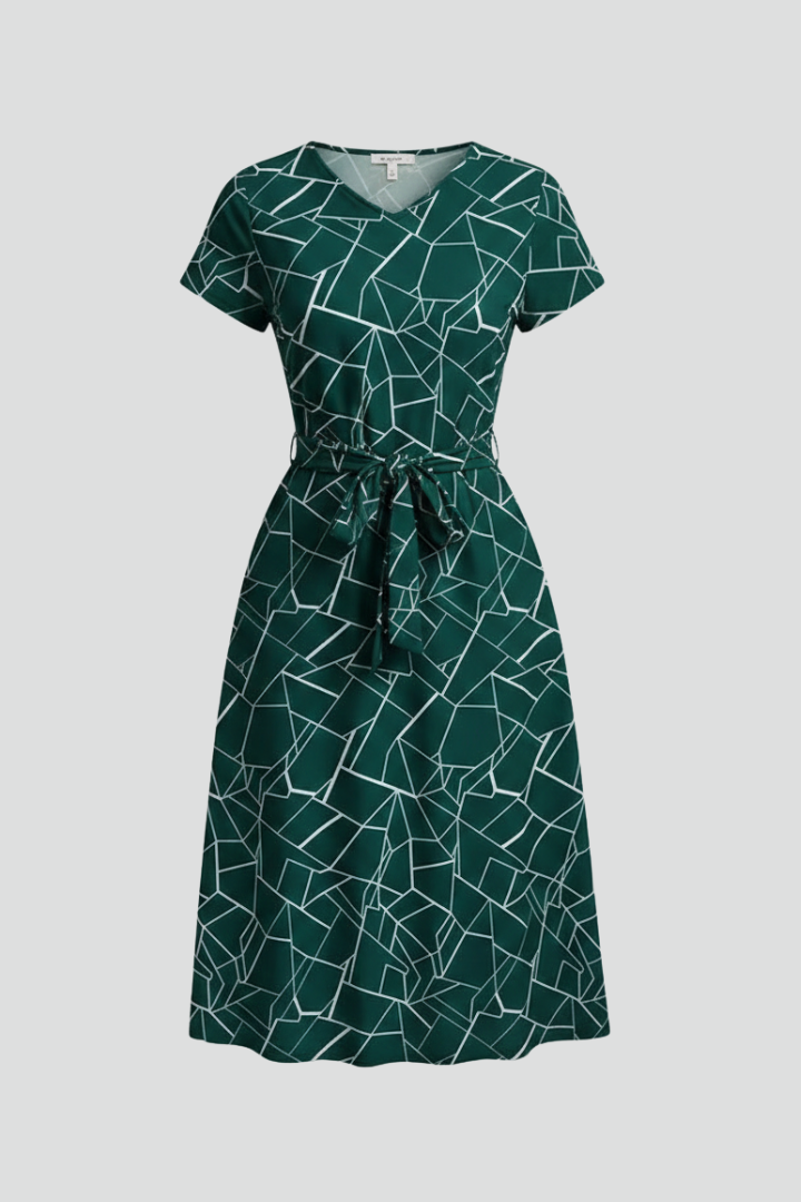 Women’s Dress with Round Neckline and Waist Tie