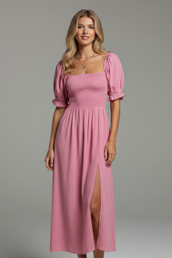Women’s Dress with Smocked Bodice and Side Slit